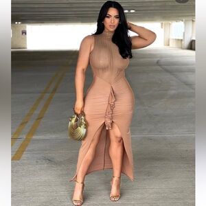 Sleeveless High-Neck Ruched Midi Dress in Nude